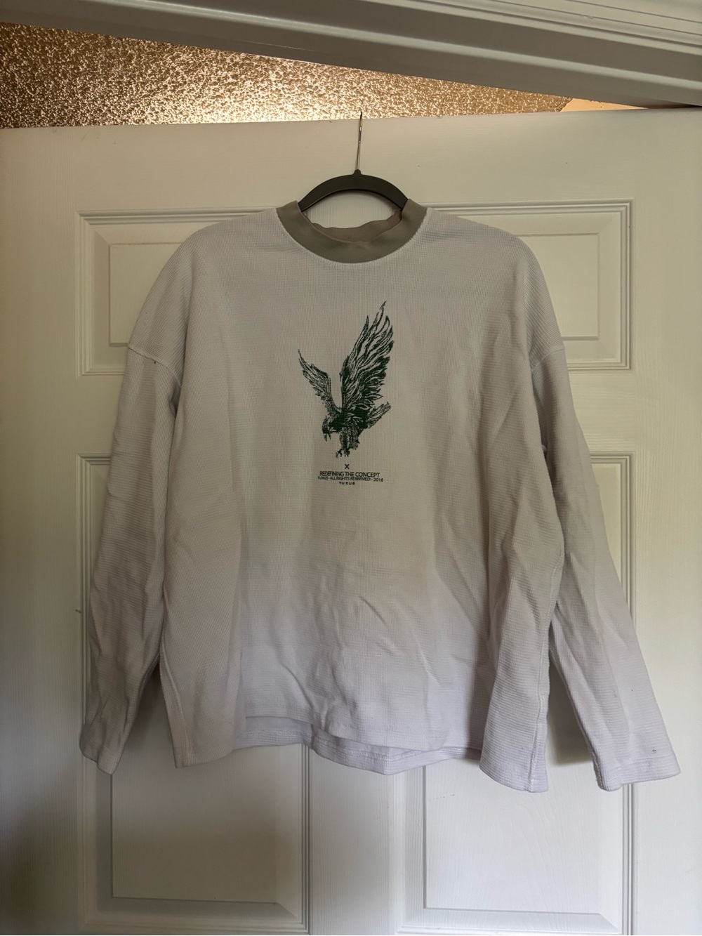 White Thermal Shirt with Green Eagle Graphic by YUXUS